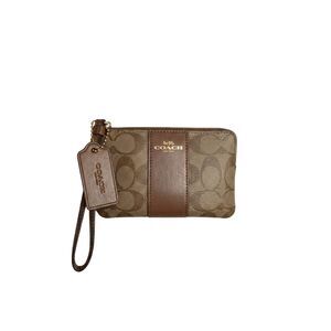 Coach Corner Zip Wristlet Signature Canvas Stripe Khaki Saddle Gold Wallet Bag